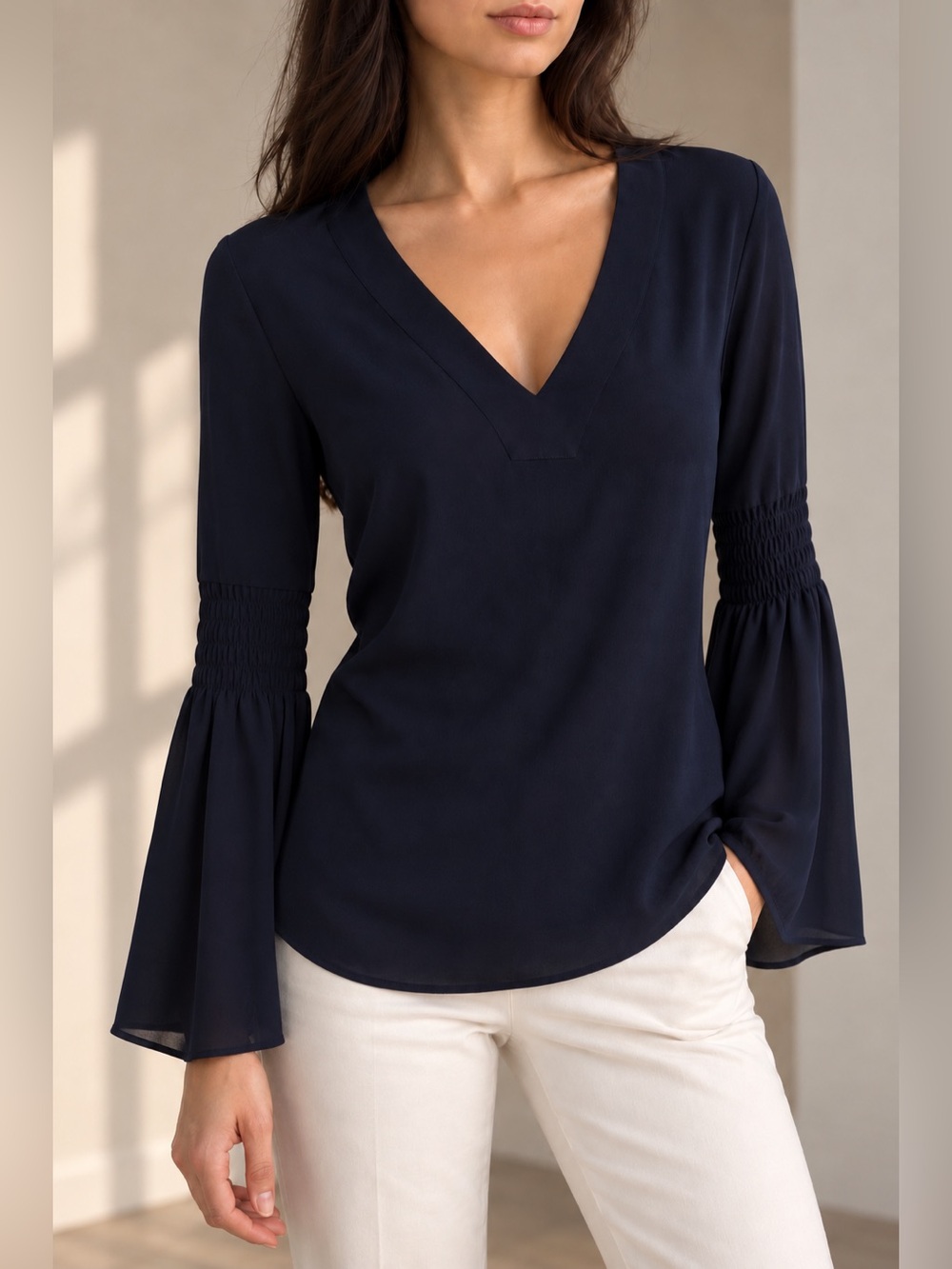 Michael Kors Navy Blue V-Neck Smocked Bell Sleeve Blouse Size Small